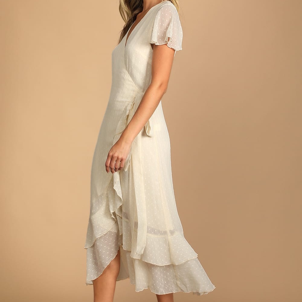 Lulu’s NWT Cream Dotted Ruffled Wrap Midi Dress - S - Picture 3 of 11